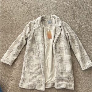 Plaid Cream Open-Front Trench Coat with Patch Pockets